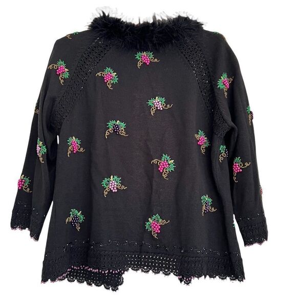 Vintage Cardigan with Beaded Grapes and Black Feather Collar Black + Purple S - Picture 4 of 8